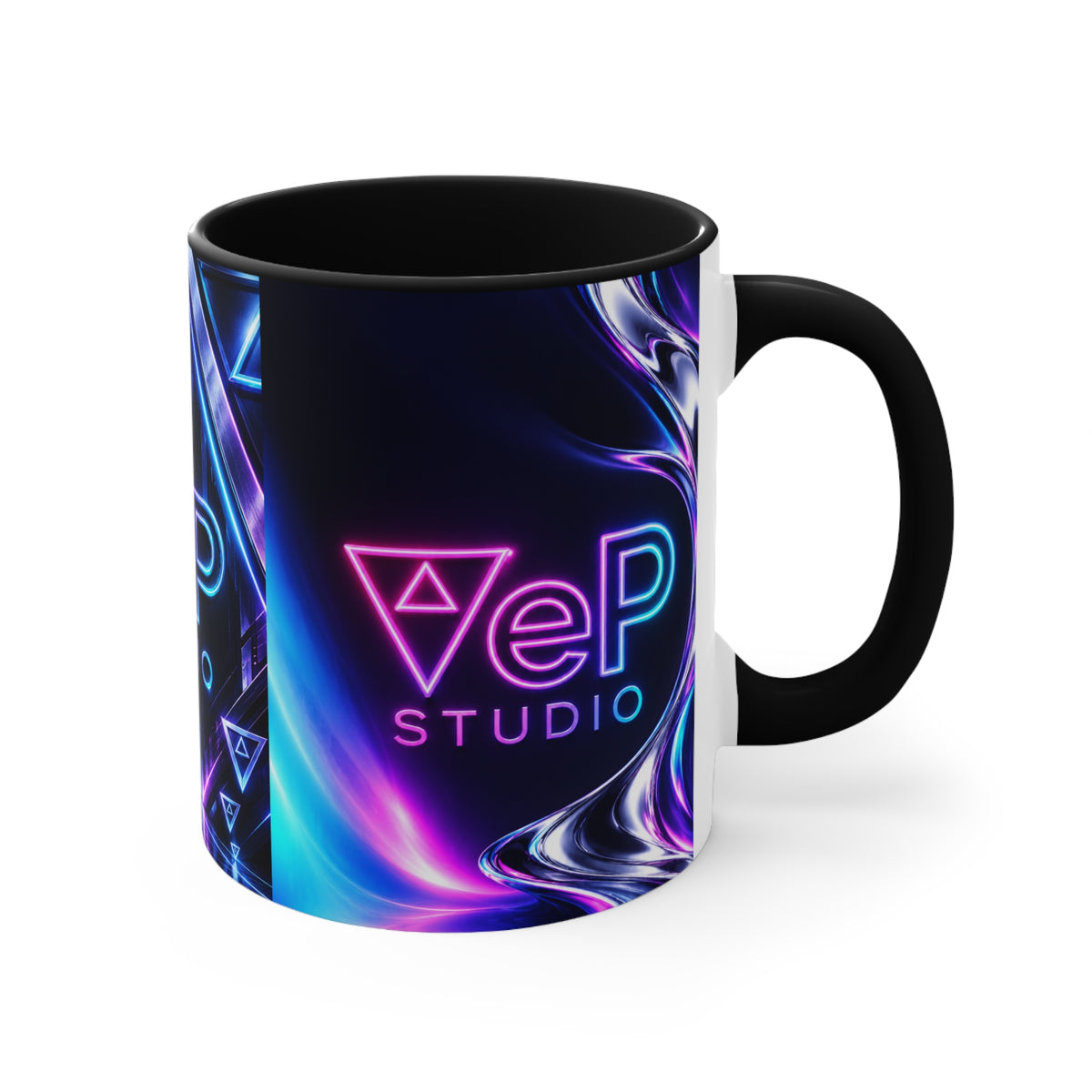 Neon Retro Studio Accent Mug — 11oz Colorful Logo Coffee Cup