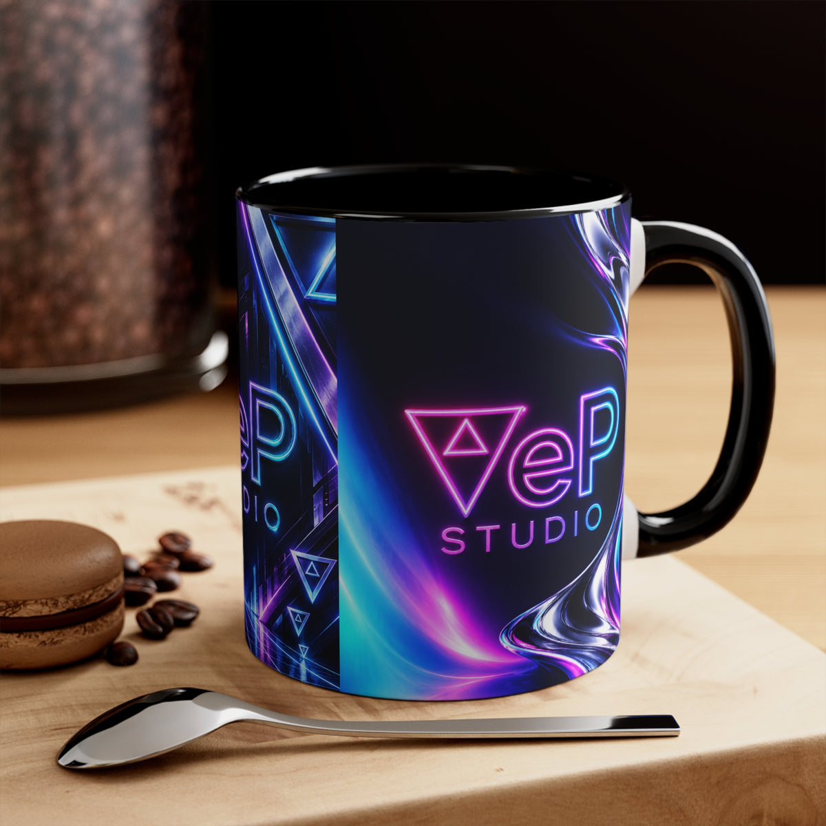 Neon Retro Studio Accent Mug — 11oz Colorful Logo Coffee Cup
