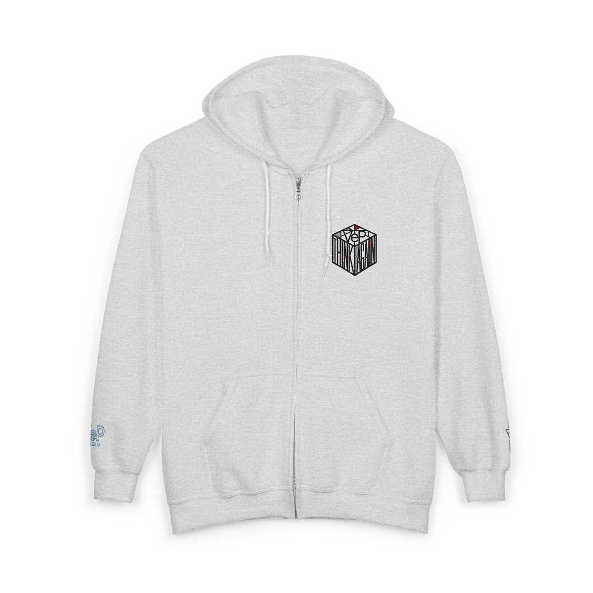 Zip Hoodie with Black Cube Graphic – Minimal Geometric Streetwear