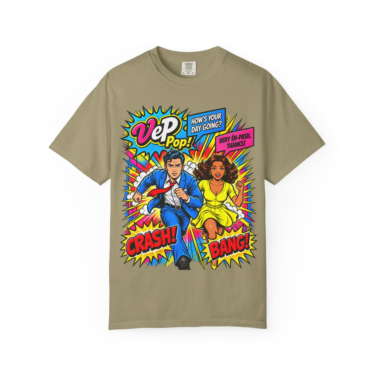 Pop Art Couple Graphic T-Shirt — 'VeP Pop! How's Your Day Going? Crash! Bang!'