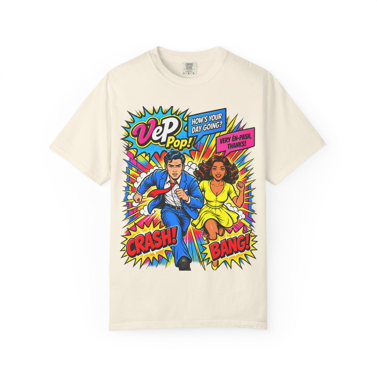 Pop Art Couple Graphic T-Shirt — 'VeP Pop! How's Your Day Going? Crash! Bang!'