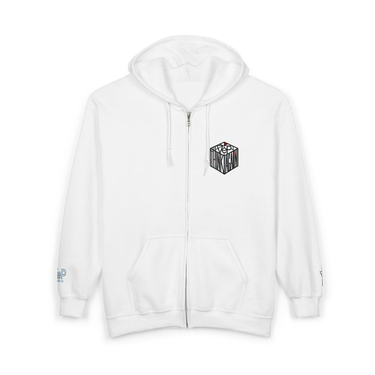 Zip Hoodie with Black Cube Graphic – Minimal Geometric Streetwear