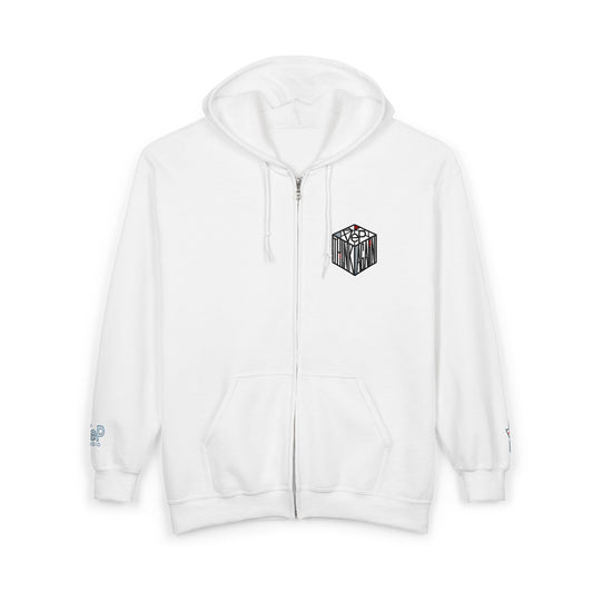 Zip Hoodie with Black Cube Graphic – Minimal Geometric Streetwear