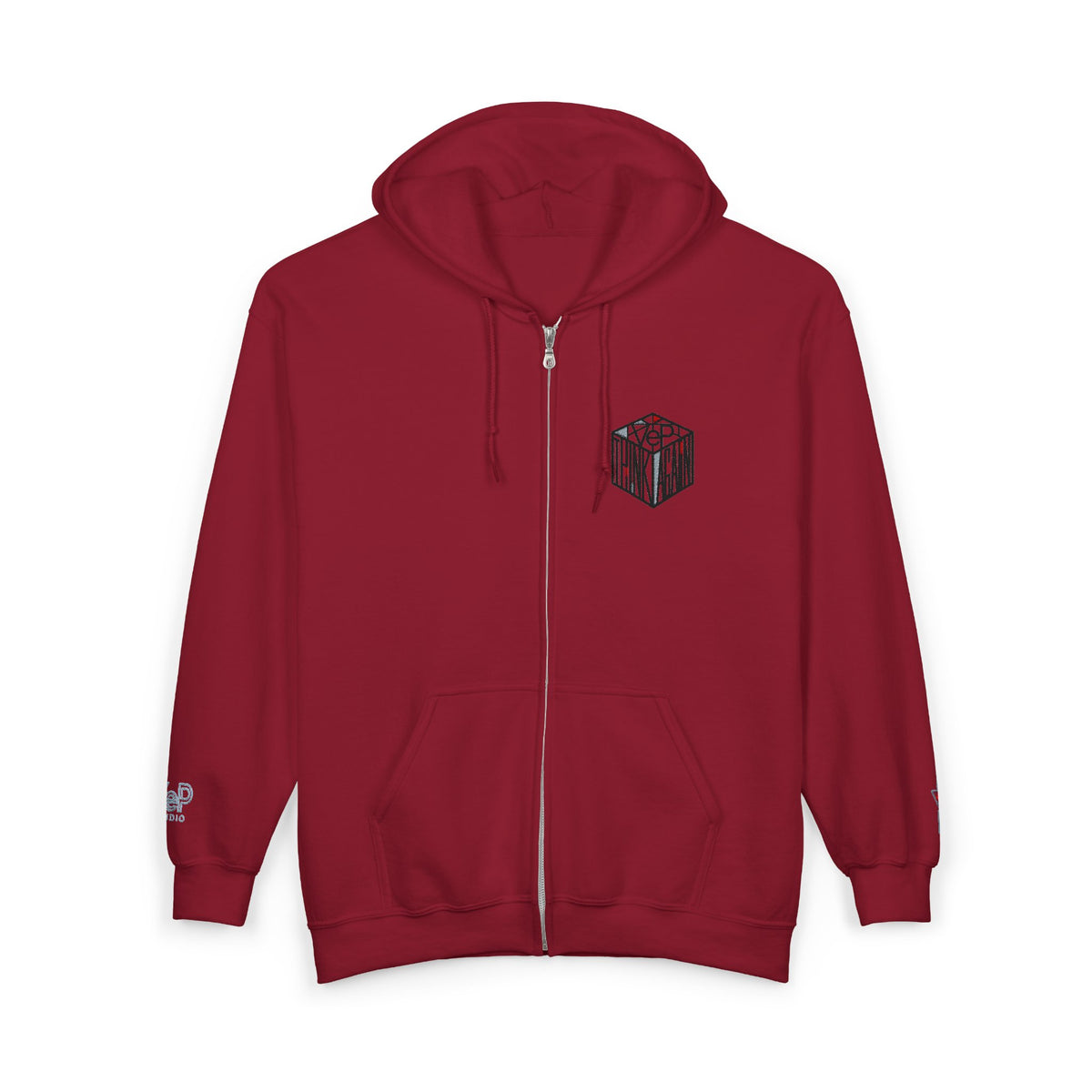 Zip Hoodie with Black Cube Graphic – Minimal Geometric Streetwear