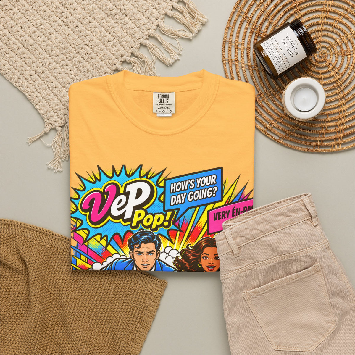 Pop Art Couple Graphic T-Shirt — 'VeP Pop! How's Your Day Going? Crash! Bang!'