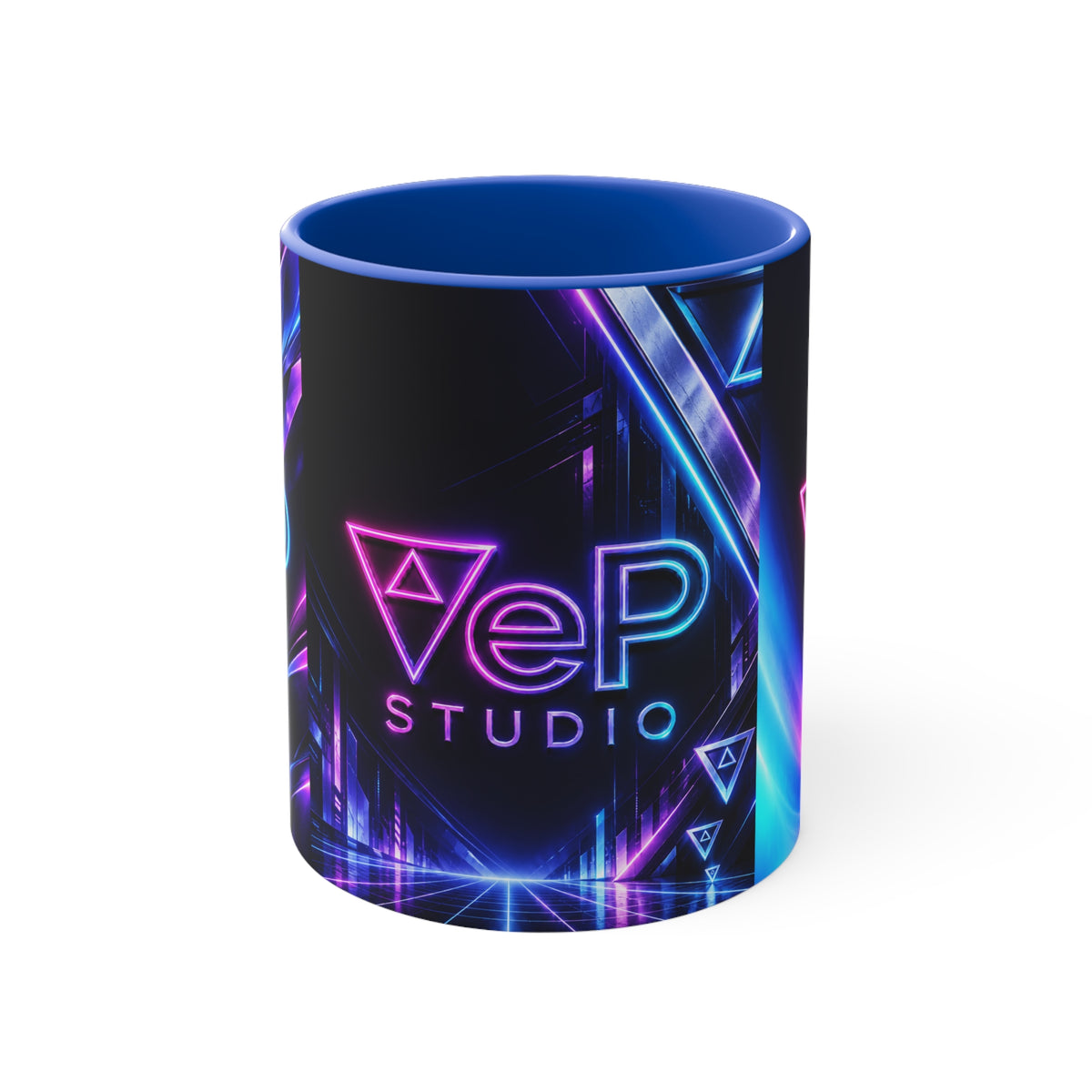 Neon Retro Studio Accent Mug — 11oz Colorful Logo Coffee Cup