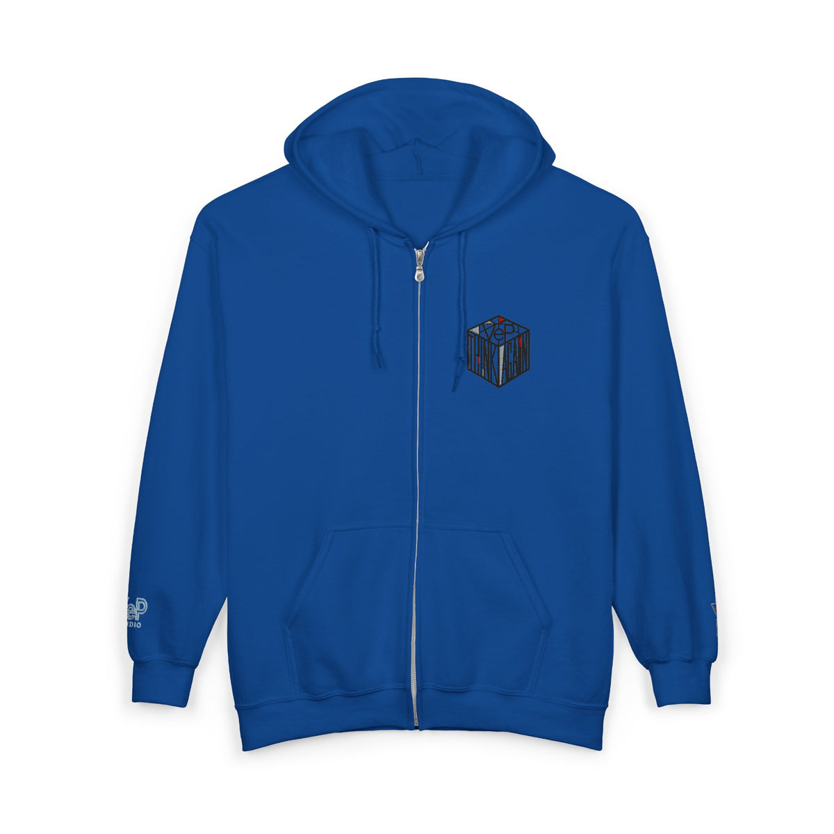 Zip Hoodie with Black Cube Graphic – Minimal Geometric Streetwear