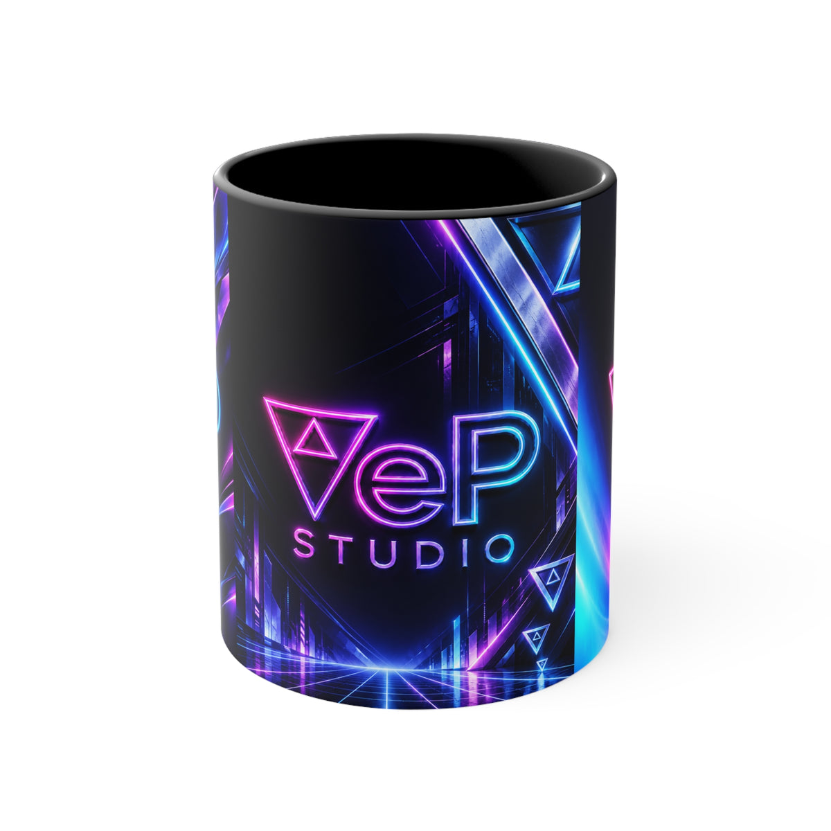 Neon Retro Studio Accent Mug — 11oz Colorful Logo Coffee Cup
