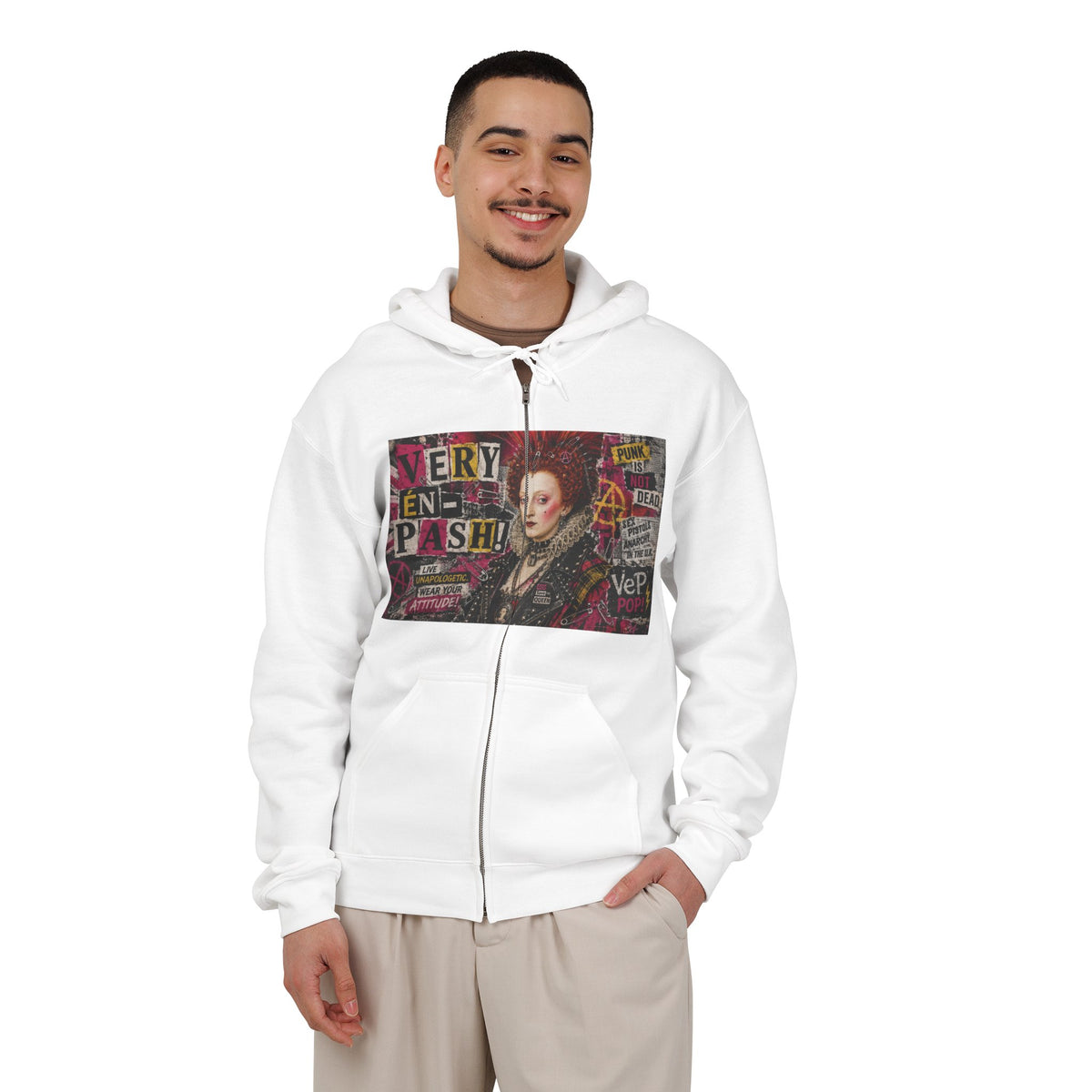 Zip Hoodie — Punk Elizabethan Collage Graphic "Very En Pash"