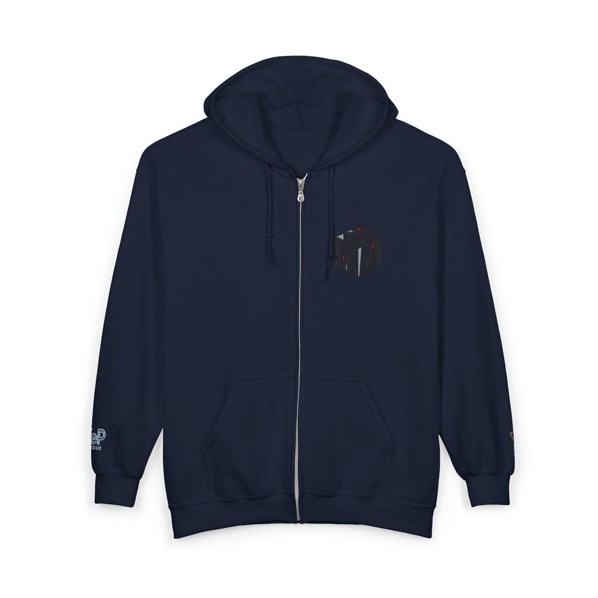 Zip Hoodie with Black Cube Graphic – Minimal Geometric Streetwear