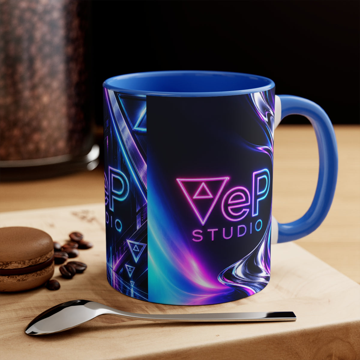 Neon Retro Studio Accent Mug — 11oz Colorful Logo Coffee Cup