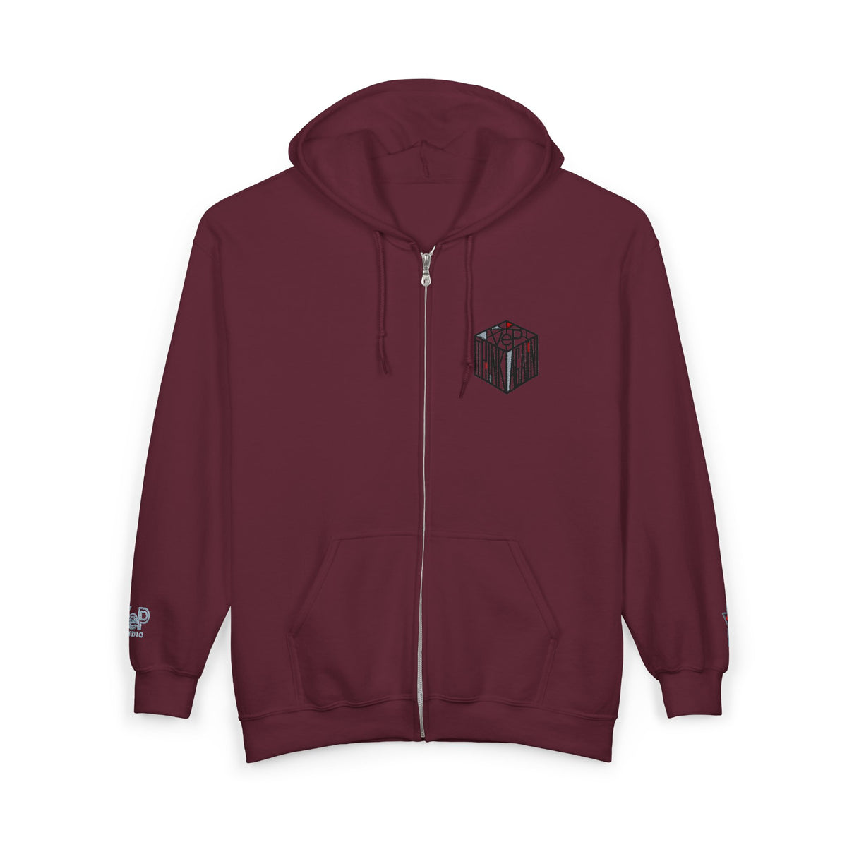 Zip Hoodie with Black Cube Graphic – Minimal Geometric Streetwear